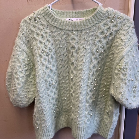 Zara Sweaters - Zara Mint Green Sweater with Pearl Detailing- holiday perfect ! size small euc